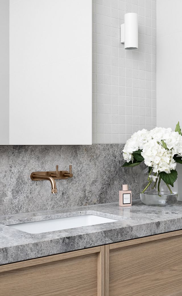 Perla Argento stone bathroom vanity with INAX Sugie Series mosaics at Canning Street cottage by Heartly Design Studio. Photography Dylan James.jpg