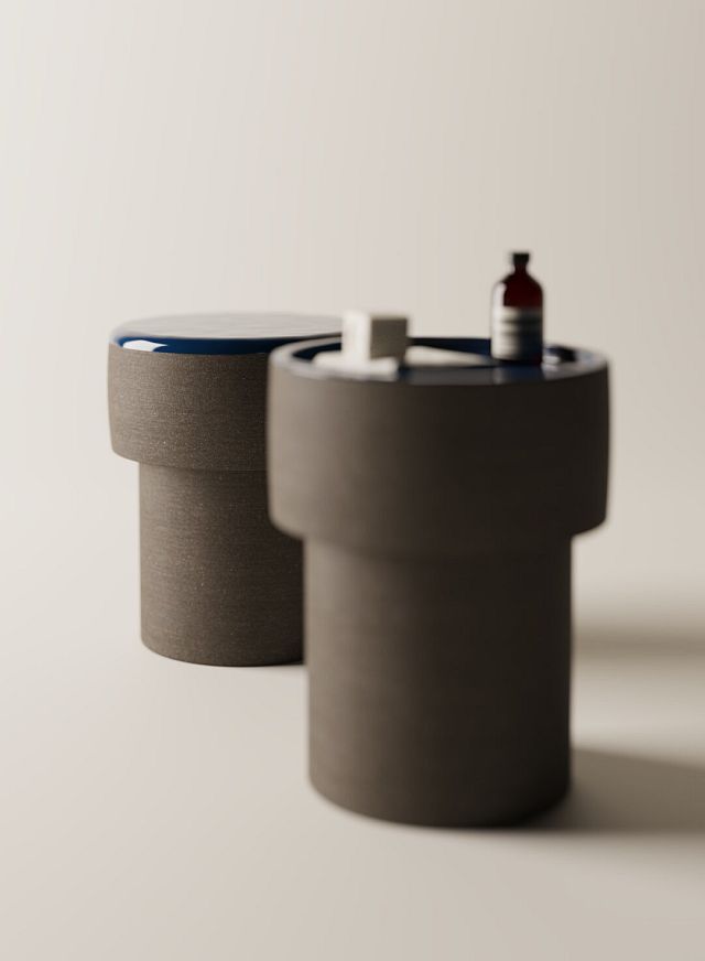 Cenote Side Table and Stool with blue glaze by Patricia Urquiola for Agape