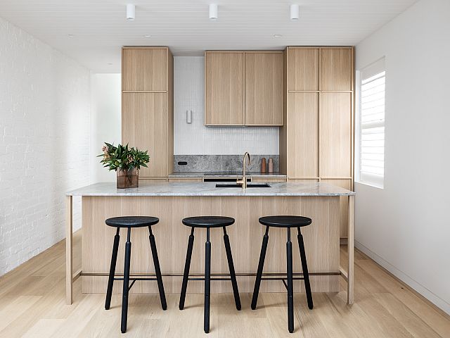 Perla Argento stone kitchen benchtops and splashback with INAX Yuki Border mosaics at Canning Street cottage by Heartly Design Studio. Photography Dylan James.jpg