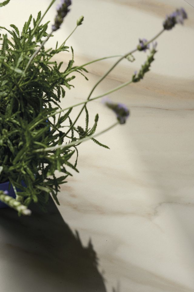 Maximum Calcatta Aureo porcelain stoneware beautifully replicates the allure of marble with its cream background and gold veins