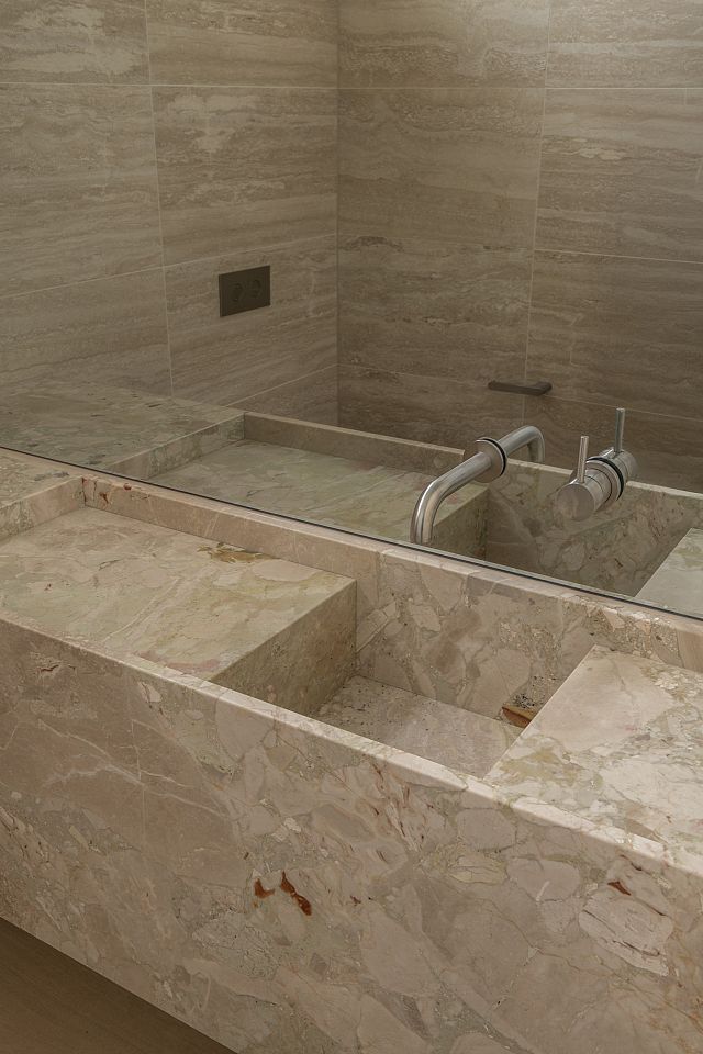 Saria Honed, soft pink and green marble, used as bathroom vanity at Laidlaw project by Borgeaud Interiors and The Artificial.