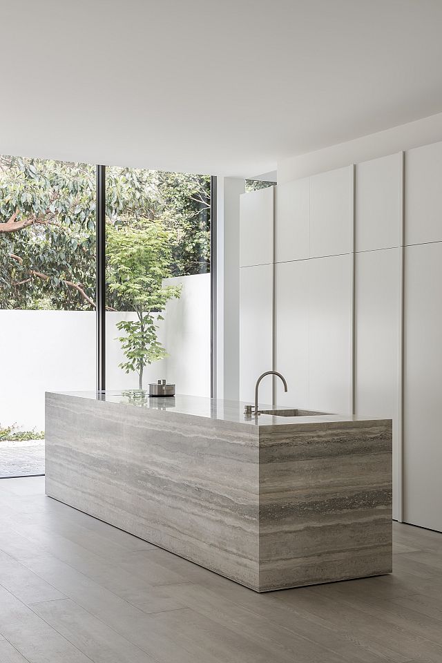 Silver Travertine kitchen island at Armadale House by Selzer Design. Photography by Timothy Kaye.jpg