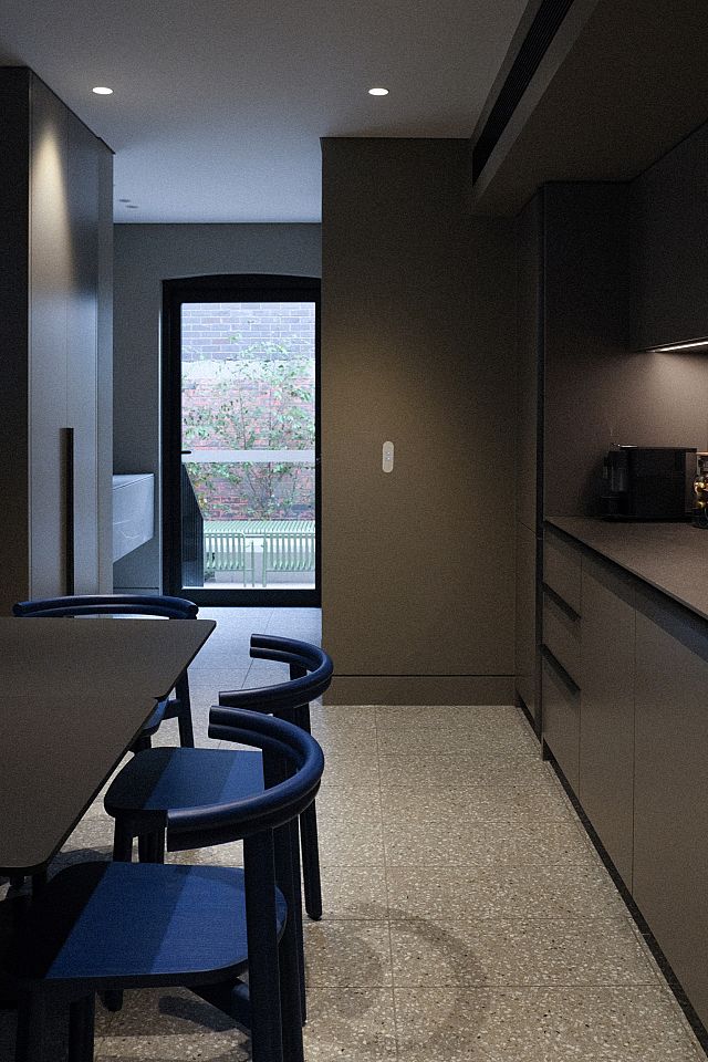 Maximum Piasentina Flamed bench top and splashback and Arterrazzo Assisi Honed floor at Chippendale Residence by Hammond Studio