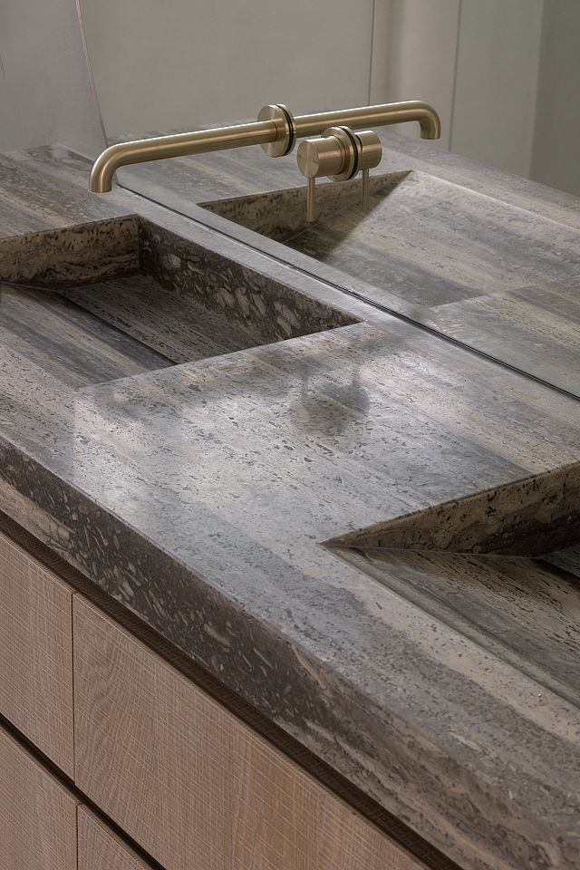 Ocean Blue Travertine Benchtop. Project by My Builder Victoria. Photography by Elise Scott