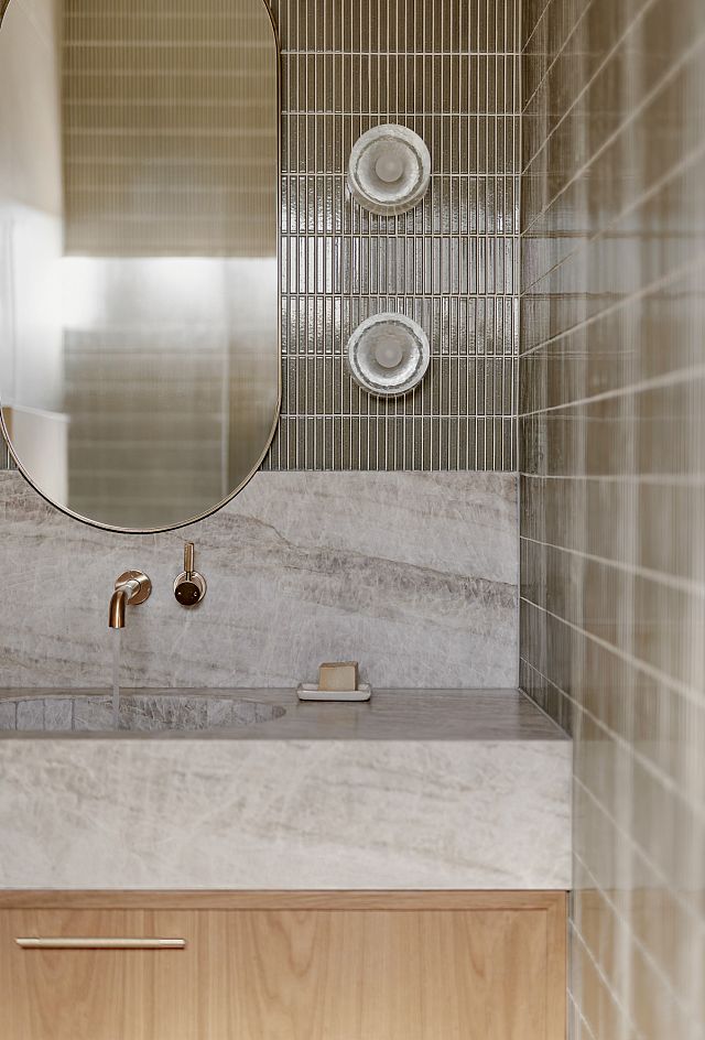 Saita Border 310G, japanese ceramic mosaic, and Sareva, quartzite benchtop, by Inventory Interior. Photography by Mariam Abdelkarim