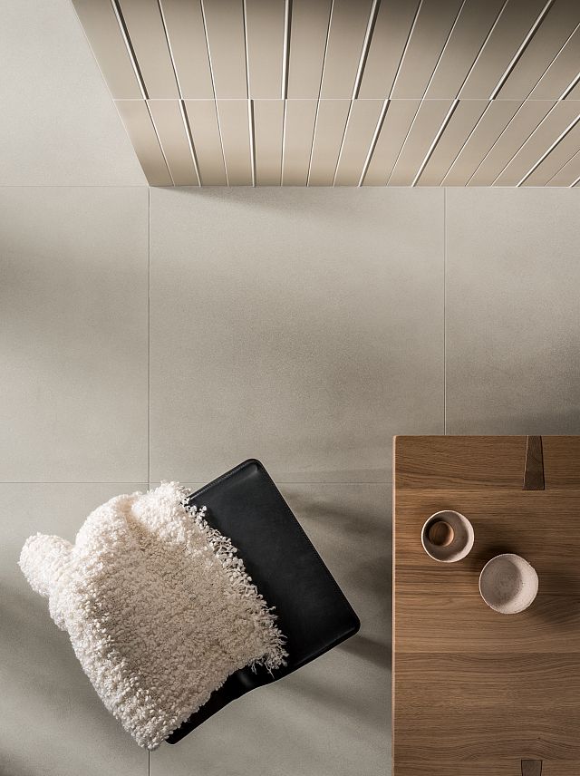 Seeds Chalk is an off white porcelain floor tile by Decoratori Bassanesi