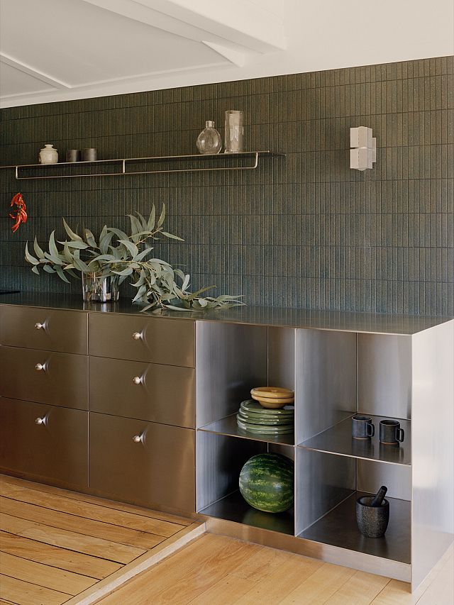Inax Yugen Green Japanese Ceramic used as splashbacks at Newrybar kitchen by Occupy Studio.