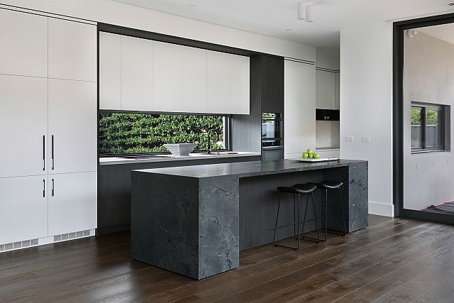 Magnesia Brushed kitchen island bench with New Volumes Spomenik 1 bowl and Lydn tray. Ashburton residence by DeArch Architects. Built by APC.jpg