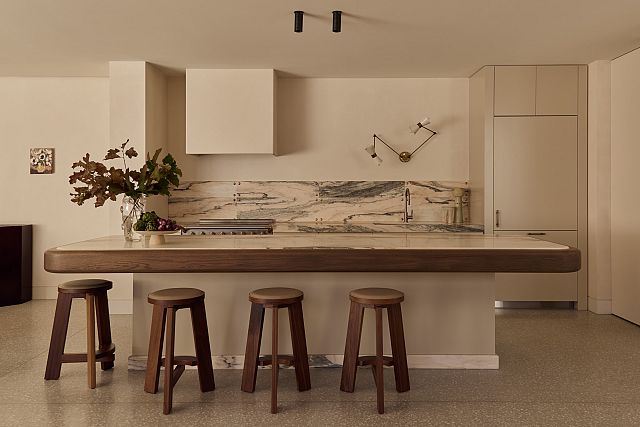 Quaresto marble kitchen at Central Park designed by Georgina Jeffries. Photography by Lillie Thompson