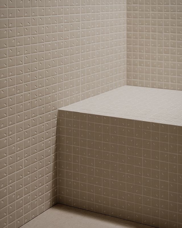 Rain Range, by DB Studio for Decoratori Bassinesi, is an off-white/cream textured porcelain mosaic suitable for indoor and outdoor application