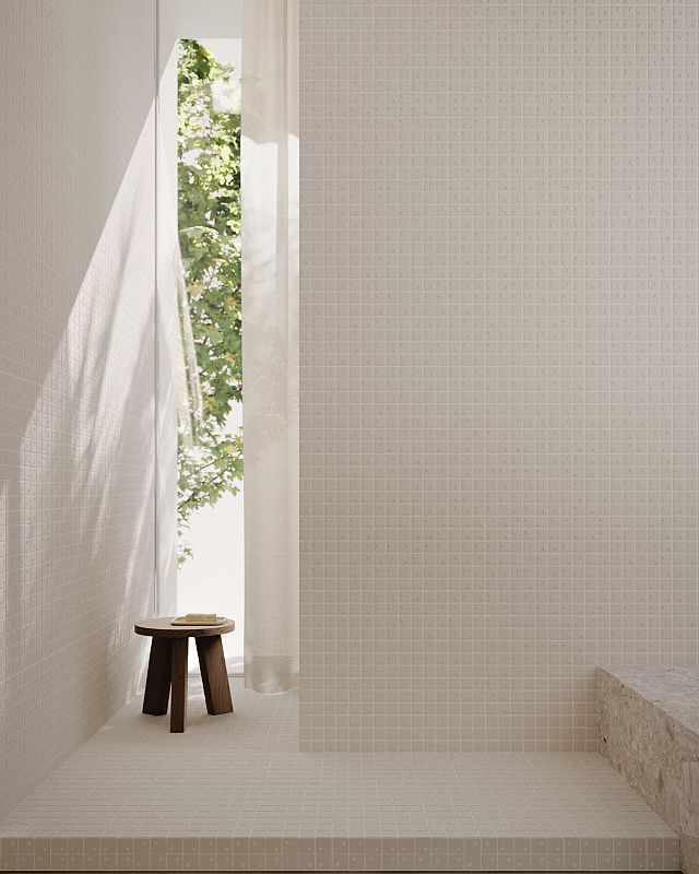 Rain Range, by DB Studio for Decoratori Bassinesi, is a white textured porcelain mosaic suitable for indoor and outdoor application