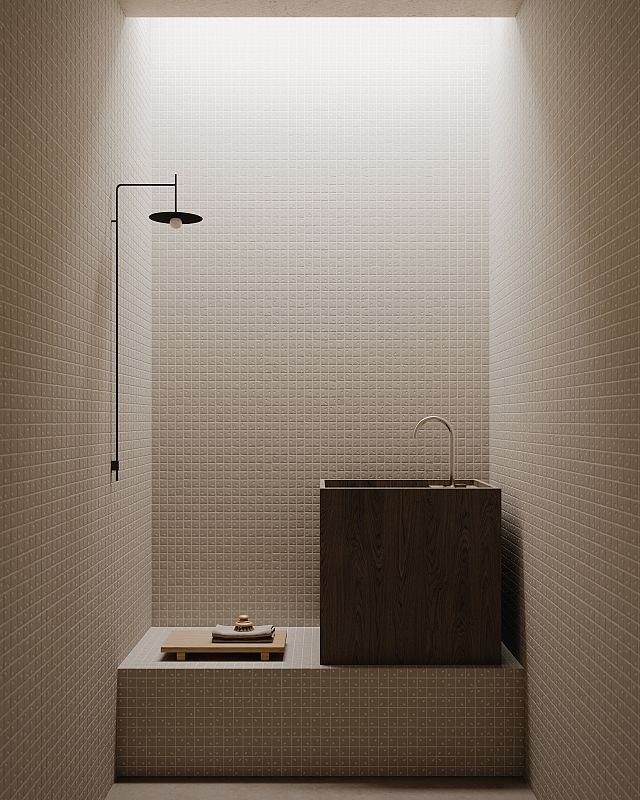 Rain Range, by DB Studio for Decoratori Bassinesi, is an off-white/cream textured porcelain mosaic suitable for indoor and outdoor application