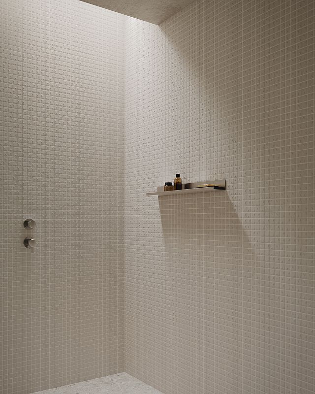 Rain Range, by DB Studio for Decoratori Bassinesi, is a white textured porcelain mosaic suitable for indoor and outdoor application