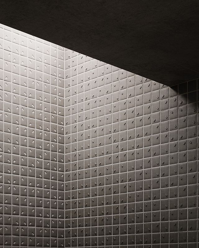 Rain Range, by DB Studio for Decoratori Bassinesi, is a black textured porcelain mosaic suitable for indoor and outdoor application