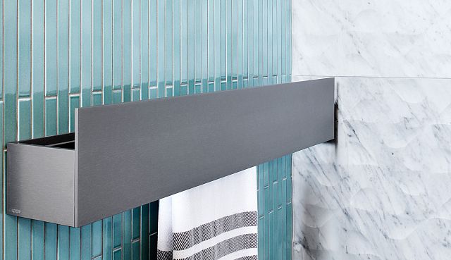 Agape Sen natural anodised aluminium towel rail, INAX Arcaico Border ARC-2 and Lithos Virgola Carrara.jpg