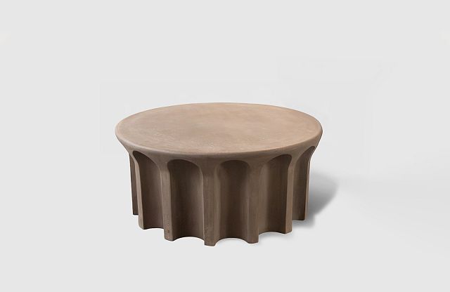 New Volumes Echo Low Marrone terracotta table by Thomas Coward, with fluted column base in warm brown