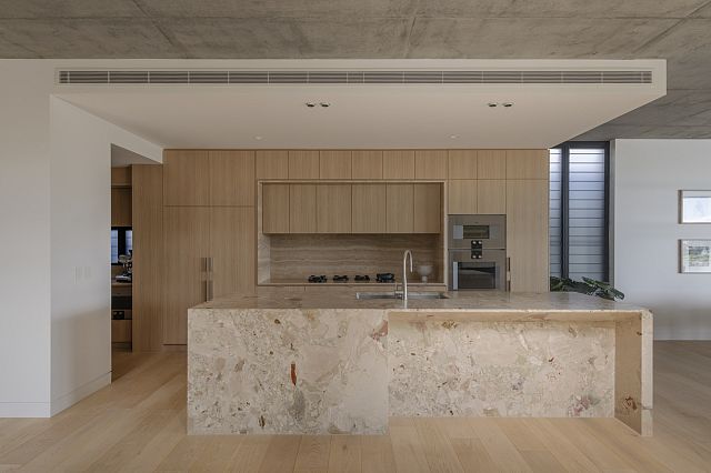 Saria Honed, soft pink and green marble, used as kitchen island benchtop at Laidlaw project by Borgeaud Interiors and The Artificial.