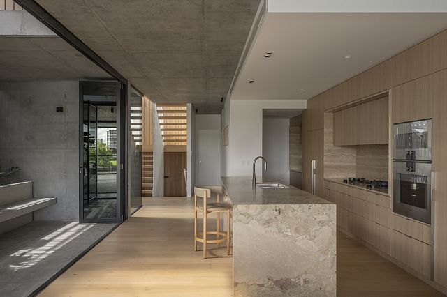 Saria Honed, soft pink and green marble, used as kitchen island benchtop at Laidlaw project by Borgeaud Interiors and The Artificial.