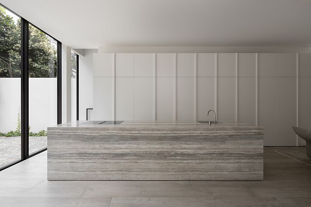 Silver Travertine kitchen island at Armadale House by Selzer Design. Photography by Timothy Kaye..jpg