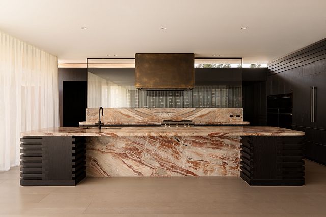 Opus Rosso red veined Italian marble benchtop and splashback