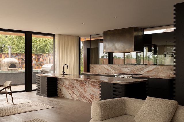 Opus Rosso red veined Italian marble benchtop and splashback