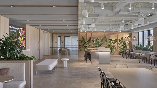 Damasca kitchen surfaces and Travertine Noce crosscut tiled floor at BlueScope by Bates Smart. Photography by Peter Bennetts..jpg