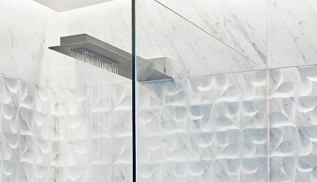 Agape Sen natural anodised aluminium shower and Lithos Virgola Carrara 2.jpg