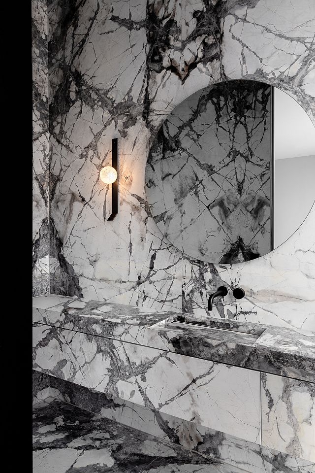 Concordia Honed to bathroom floor, wall and vanity. Scalpellino House by Biasol