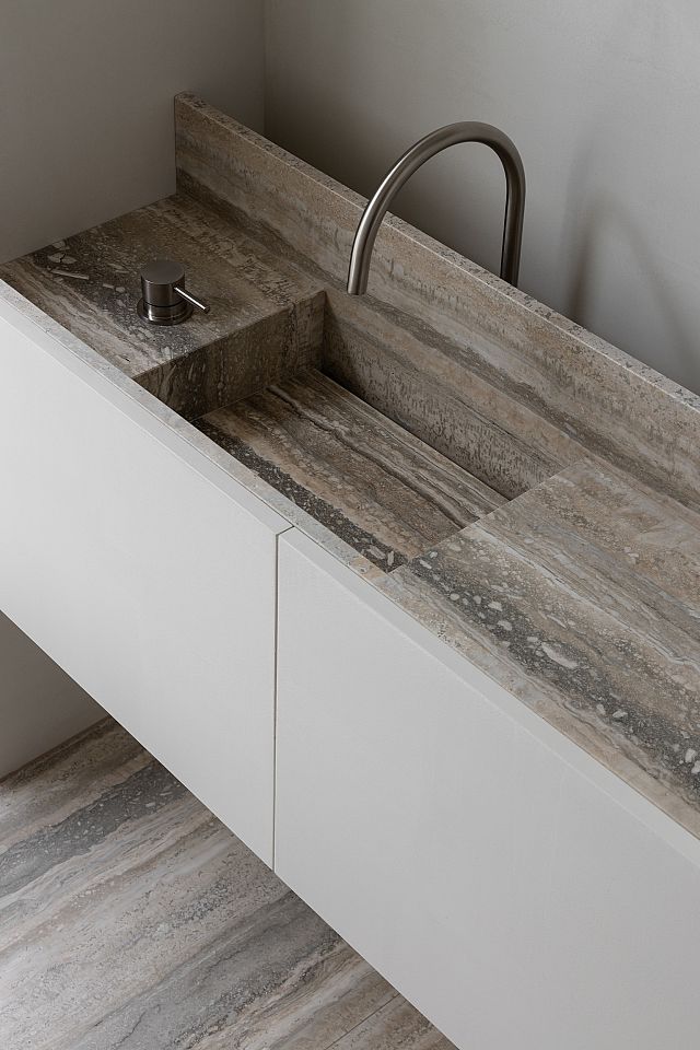 Silver Travertine bathroom floors and vanity at Armadale House by Selzer Design. Photography by Timothy Kaye.jpg
