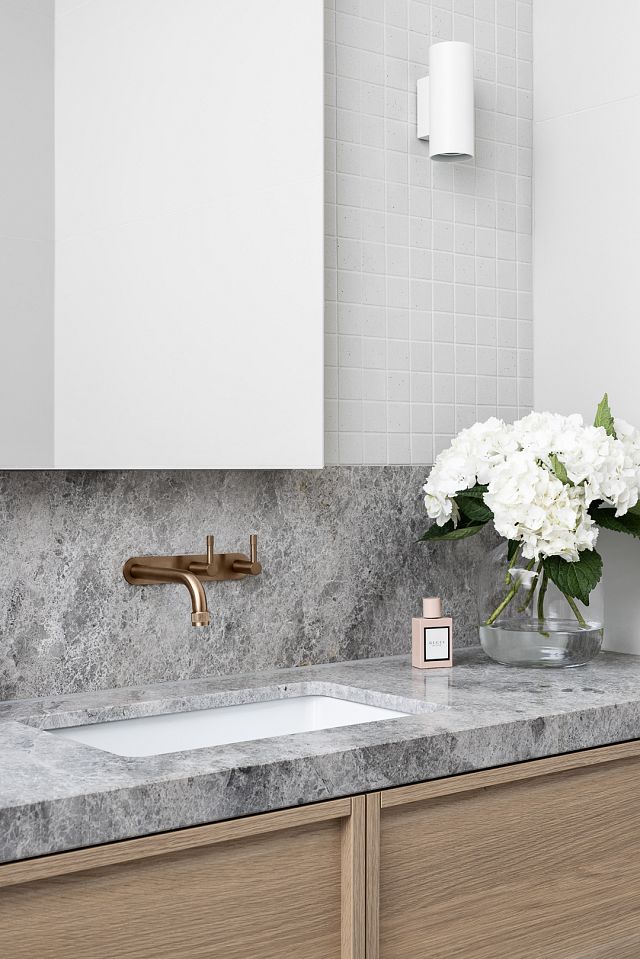 Perla Argento stone bathroom vanity with INAX Sugie Series mosaics at Canning Street cottage by Heartly Design Studio. Photography Dylan James.jpg